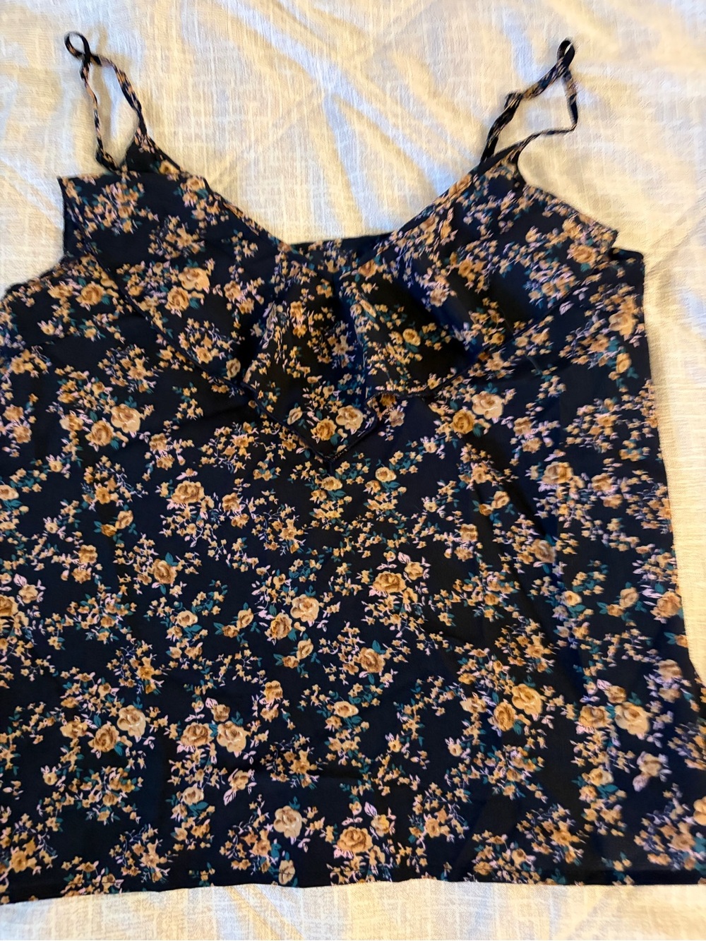 Navy Gold Floral Ruffle Trim Cami Top